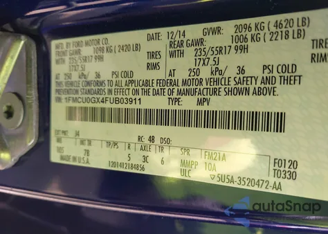 2015 Ford Escape Se из США, поврежденный, VIN 1FMCU0GX4FUB03911